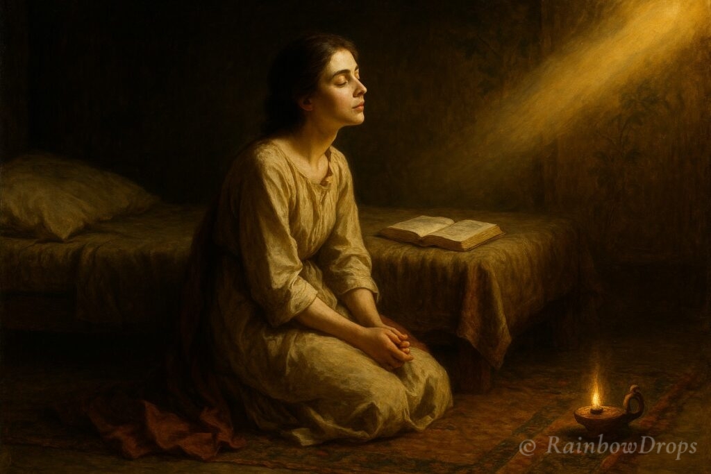 Vrouw zit in stille kamer bij een olielamp, met gevouwen handen en een open boek naast zich, terwijl een lichtstraal op haar gezicht valt.