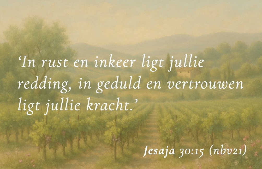 Kaartje met Bijbeltekst: "In rust en inkeer ligt jullie redding, in geduld en vertrouwen ligt jullie kracht." Jesaja 30:15 NBV21