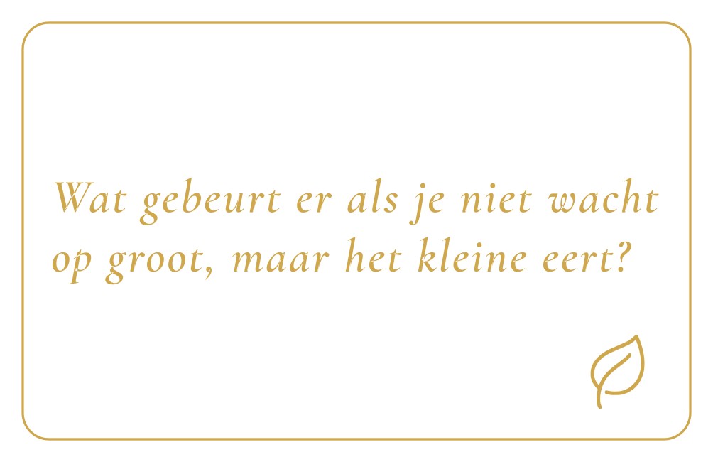 Reflectiekaartje met daarop: "Wat gebeurt er als je niet wacht op groot, maar het kleine eert?"