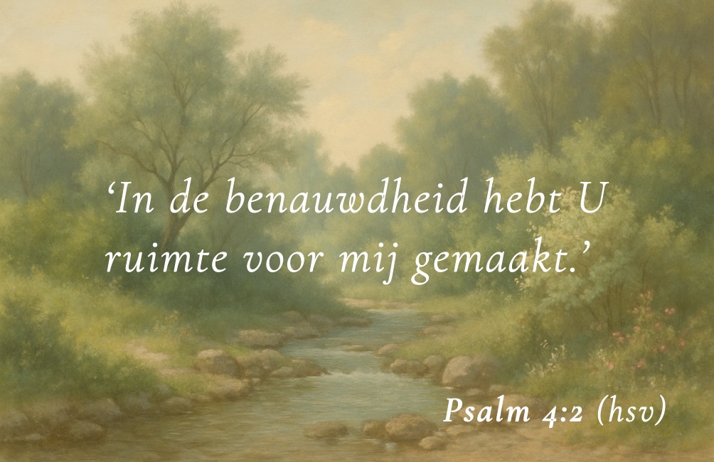 Kaartje met Bijbeltekst: "In de benauwdheid hebt U ruimte voor mij gemaakt."