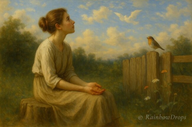 Vrouw zit op een boomstronk in de tuin, kijkt omhoog naar een roodborstje dat op een hek zit onder een blauwe lucht met wolken.