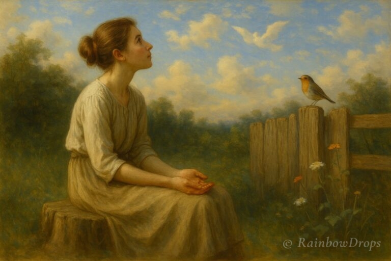 Vrouw zit op een boomstronk in de tuin, kijkt omhoog naar een roodborstje dat op een hek zit onder een blauwe lucht met wolken.