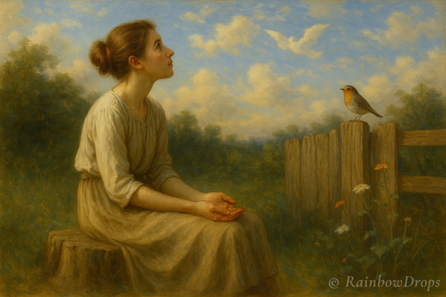 Vrouw zit op een boomstronk in de tuin, kijkt omhoog naar een roodborstje dat op een hek zit onder een blauwe lucht met wolken.