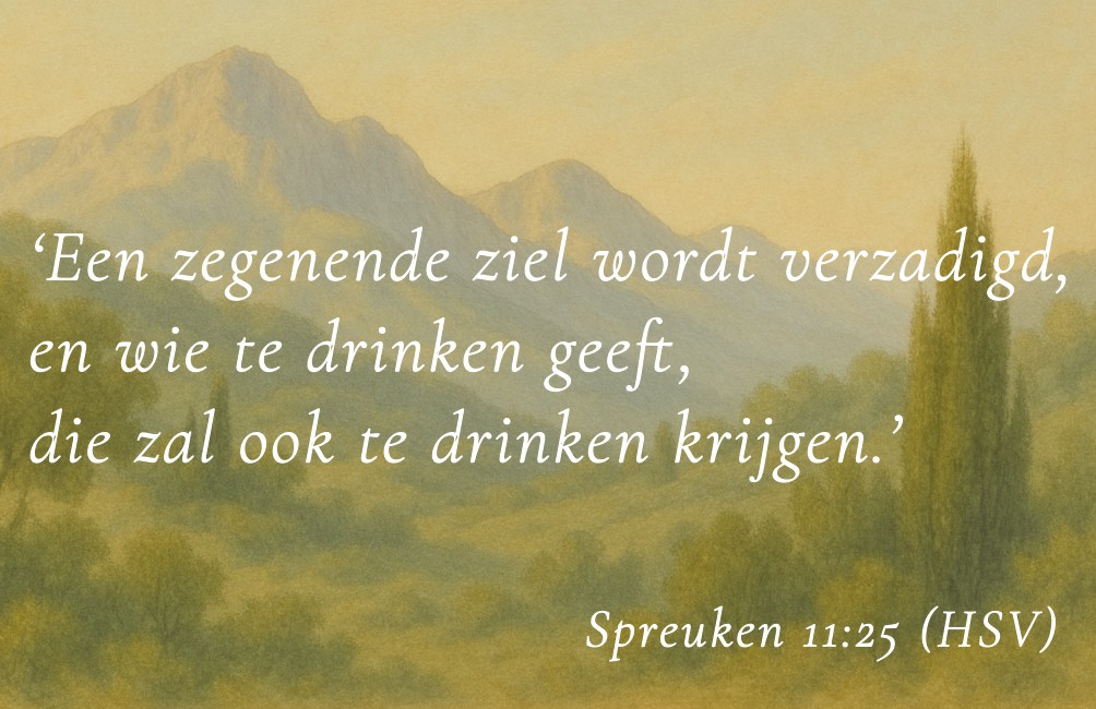 Kaartje met Bijbeltekst: "Een zegenende ziel wordt verzadigd, en wie te drinken geeft, die zal ook te drinken krijgen." Spreuken 11:25 HSV