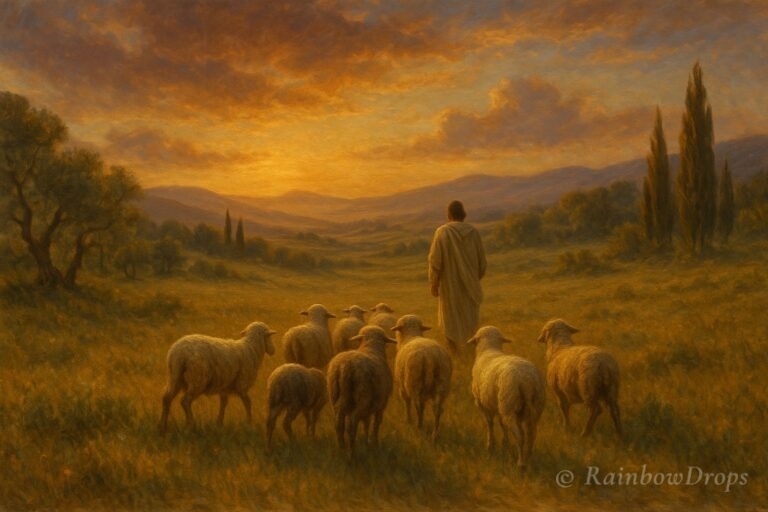 Herder loopt met zijn kudde schapen door een glooiend landschap bij zonsondergang.