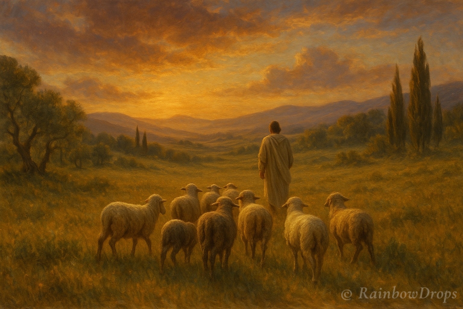 Herder loopt met zijn kudde schapen door een glooiend landschap bij zonsondergang.
