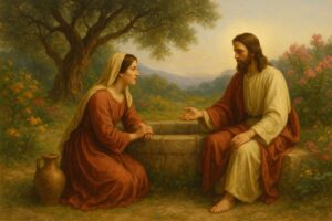 Jezus zit bij de put en spreekt met de Samaritaanse vrouw, omringd door bomen en zacht ochtendlicht. Schildering in olieverfachtige stijl door MaKo.