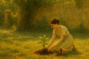 Vrouw plant een jong gewas in de zonovergoten tuin, omringd door muren en zacht licht. Schildering in olieverfachtige stijl door MaKo.